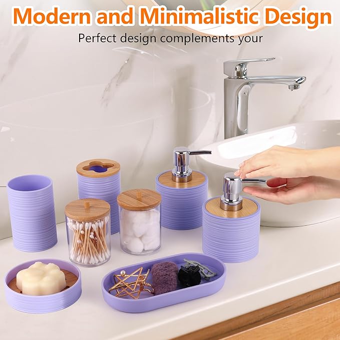 Bathroom Accessory Set,10 PCS Purple Bathroom Set with Trash Can,Toothbrush Holder,Soap Dispenser,Toothbrush Cup,Vanity Tray,Soap Dish,Toilet Brush,Qtip Holders