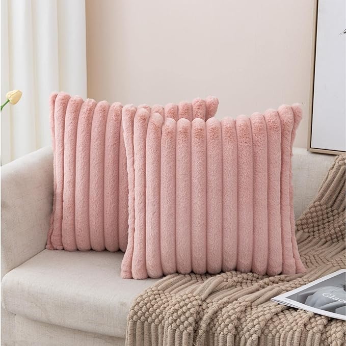 ZLINA Set of 2 Baby Pink Faux Fur Decorative Throw Pillow Covers Fluffy Striped Pillowcase Cushion Covers 20 x 20 Inch Decor Sofa Couch Bedroom