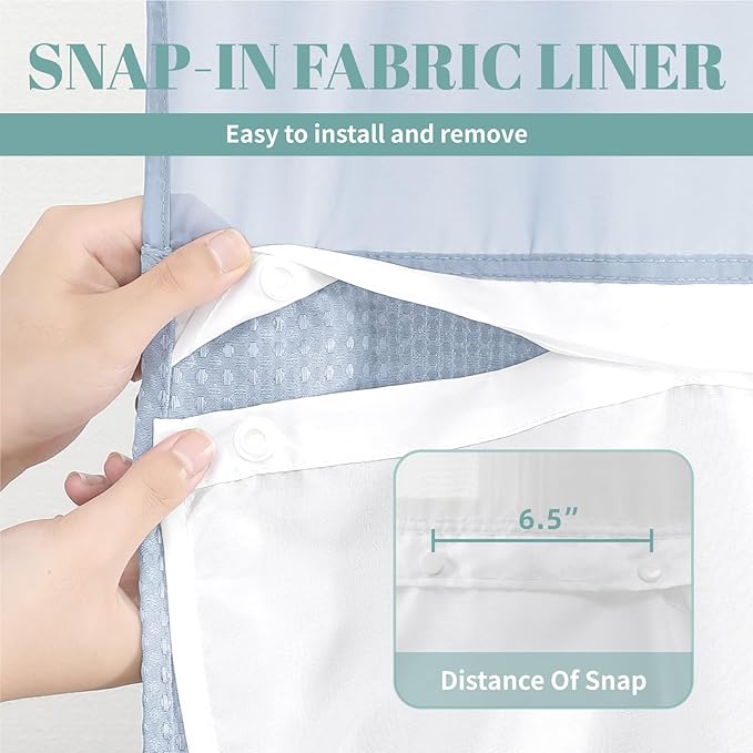 FrostBlue Extra Long No Hook Waffle Weave Shower Curtain with snap-in Liner Replacement, 230GSM Waterproof Fabric Hotel Shower Curtain Set for Bathroom, Through Mesh Top Window,71Wx86H