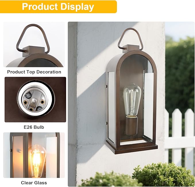 Vintage Outdoor Wall Light Fixture (1 Pcs) - Dark Brown Porch Lantern/Exterior Wall Sconce, Glass Shade, Sturdy Metal Frame, Waterproof & Anti-Rust, Fit for Entryway/Garage/Patio/Doorway, E26 Socket