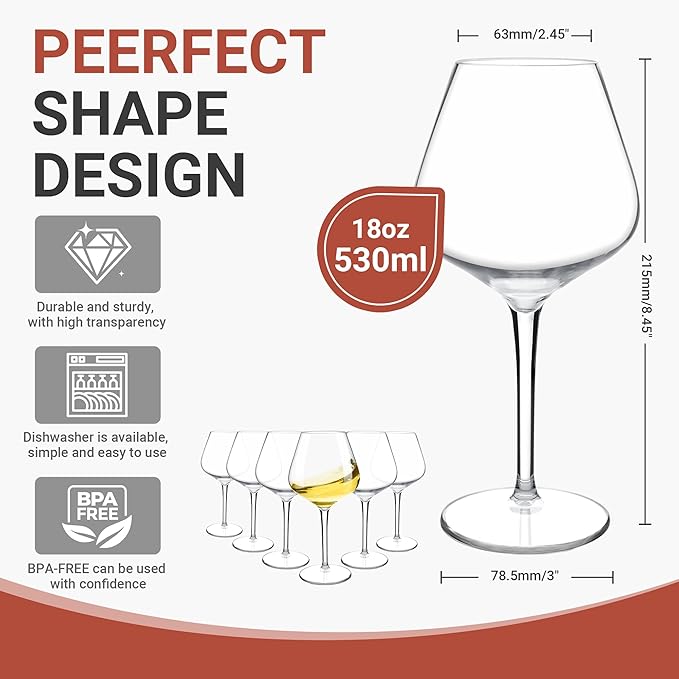 Tritan-Plastic Floating Red Wine Glasses for Pool Set of 6, 18 oz Holiday Drinkware Durable Wine Glasses with Long Stem, Ideal for Home, Party, Wedding, Beach