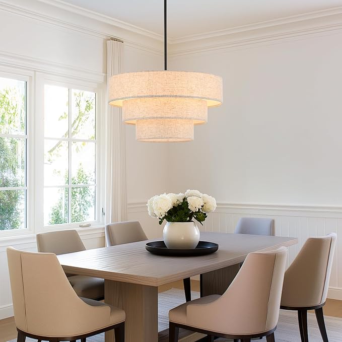 19.7" Black Drum Chandelier 4-Light Vintage Modern Chandelier Light Fixture with Linen Shade Retro Farmhouse Drum Chandeliers for Dining Room, Kitchen Island, Foyer, Entryway Bedroom