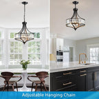 XINGQI Crystal Chandeliers for Dining Room,Modern Black Chandelier,Metal Round Shade Farmhouse 4-Light Rustic Pendant Lighting Fixtures for Hallway Bedroom Foyer