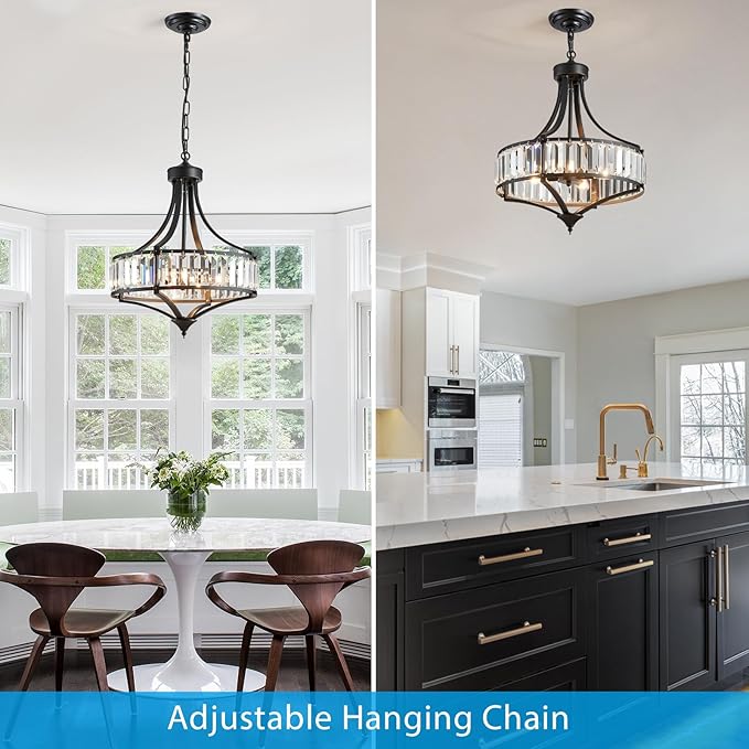 XINGQI Crystal Chandeliers for Dining Room,Modern Black Chandelier,Metal Round Shade Farmhouse 4-Light Rustic Pendant Lighting Fixtures for Hallway Bedroom Foyer