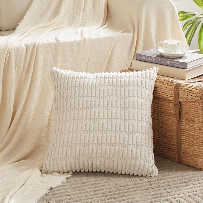 Fancy Homi 24x24 Pillow Covers, Cream White Throw Pillow Covers with Stripe Pattern, Super Soft Corduroy Square Solid Cushion Cover for Couch Sofa Bedroom Living Room 60x60 cm