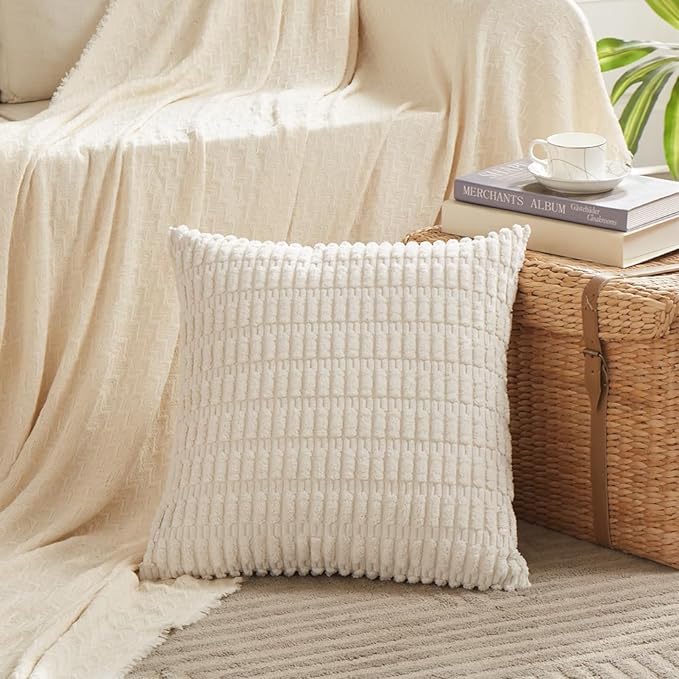 Fancy Homi Boho Decorative Throw Pillow Covers 20x20 Inch for Living Room Couch Bed Sofa, Rustic Modern Farmhouse Home Decor, Soft Corduroy Cream Square Cushion Case 50x50 cm