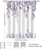 Eucalyptus Shower Curtain, Light Purple Watercolor Leaves with Floral Botanical Bathroom Decor, Waterproof Fabric Bath Curtain Set with Hooks, 72x72 Inches