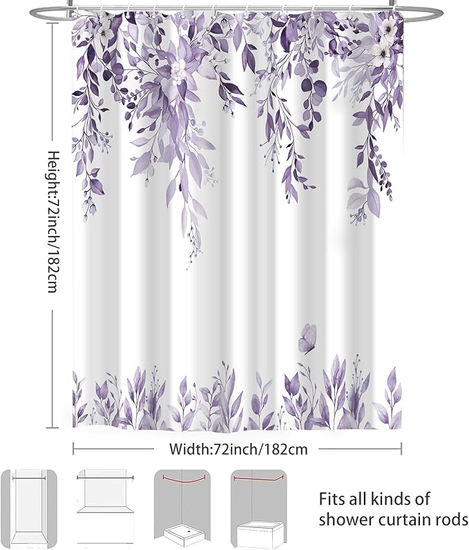 Eucalyptus Shower Curtain, Light Purple Watercolor Leaves with Floral Botanical Bathroom Decor, Waterproof Fabric Bath Curtain Set with Hooks, 72x72 Inches