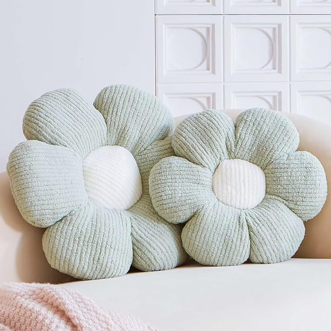 Sage Green Flower Decorative Throw Pillows, Cute Daisy Shaped Plush Aesthetic Pillow, Soft 19.6" Floor Seat Cushion