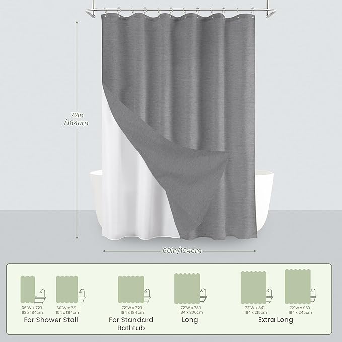 Inhousolu Boho Farmhouse Shower Curtain with Fabric Liner Set, Faux Linen Textured, 12 Metal Hooks Luxury Weighted Hem, Washable Wrinkle Free Bath Curtain for Hotel Bathroom 60" W x 72" L Grey