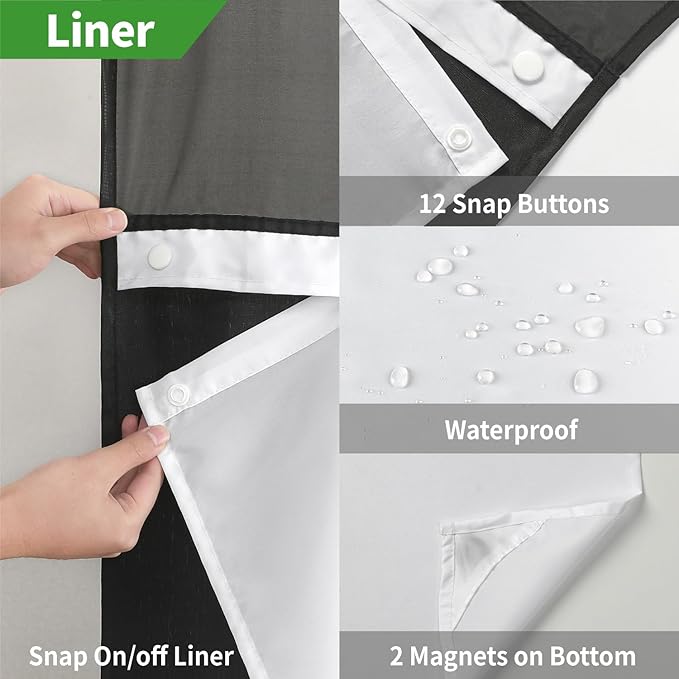 Extra Long No Hooks Needed Linen Textured Shower Curtain with Snap-in Fabric Liner Set,Black Hotel Luxury Decor Shower Curtains for Bathroom,Waterproof & Washable,71Wx86H