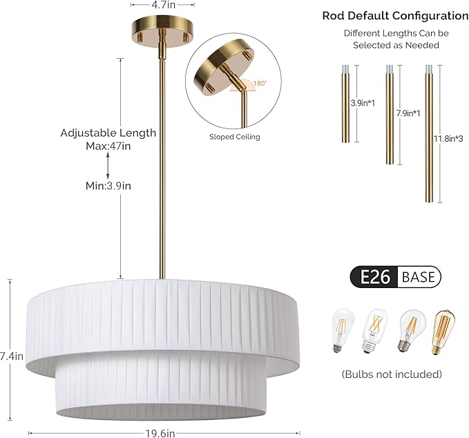 LamQee 20” Modern Drum Chandelier, 2-Tier Semi-Flush Mount Pendant Light Fixtures, 3-Light Hang Ceiling Lamp Hallway Lights Fixture with White Fabric Lampshades