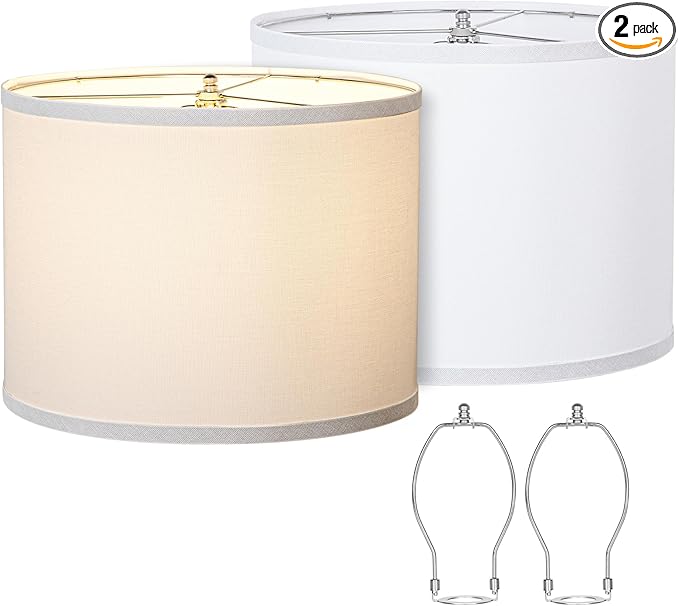 Lamp Shades Set of 2, Drum Lampshades 13" Top x 13" Bottom x 10" High with Spider Fitter, Large Replacement Lamp Shades for Table Lamps, Floor Lamps, Easy Assembly Required (2, White)