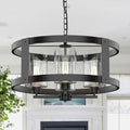 4-Light Farmhouse Chandelier, 20" Black Light Fixture with Glass Shade Modern Drum Lighting Fixtures Ceiling Pendant Lamp for Dining Room Kitchen Island Entrance Foyer Living Room Bedroom