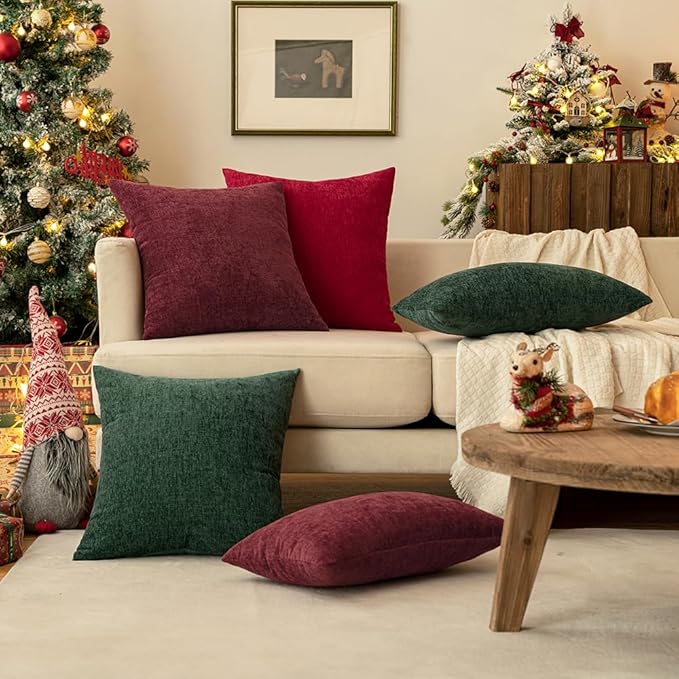 MIULEE Pack of 2 Christmas Couch Throw Pillow Covers 16x16 Inch Soft Wine Red Chenille Pillow Covers for Sofa Living Room Solid Dyed Pillow Cases