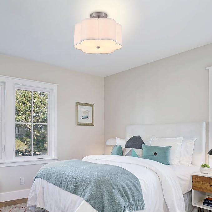 Modern Drum Semi Flush Mount Ceiling Light Fixture Modern 3-Lights Linen Drum Ceiling Lighting with Chrome Finish, Vintage Modern Ceiling Light for Laundry Room, Kitchen, Basement, Bedroom