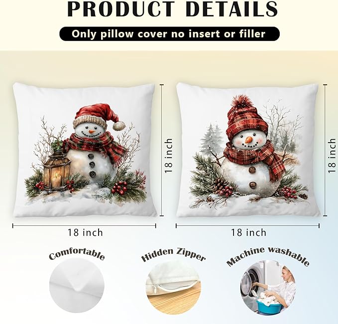 JINYO Vintage Red Plaid Christmas Snowman Pillow Covers 18x18 Set of 2, Snowman Christmas Decor, Rustic Winter Red Berries Pine Cone Botanical Throw Pillow Covers for Couch Living Room Bedroom