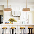 19" Rattan Chandelier 3-Light Vintage Farmhouse Hand-Woven Boho Hanging Light Fixture Modern Drum Wicker Rattan Gold Chandelier with Fabric Shade for Dining Room, Kitchen, Living Room