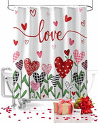 Vandarllin Valentine's Day Shower Curtain, Pink Red Love Shower Curtains Set with Hooks, Romantic Heart Leaves Waterproof Fabric Bathroom Curtains Decor Home Accessories,66 X 72 Inch Long