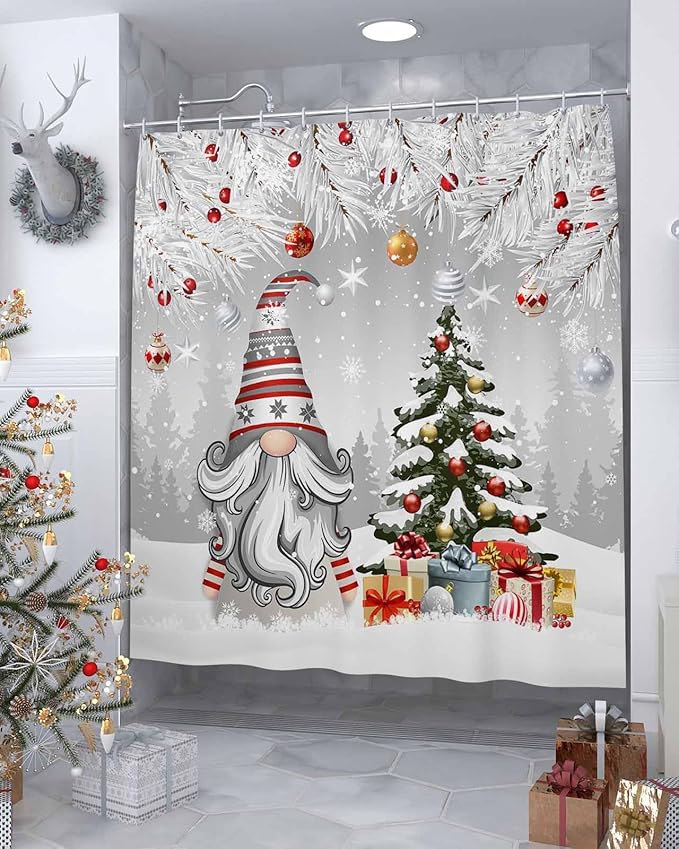 Vandarllin Christmas Gnome Shower Curtain, Winter Merry Christmas Tree Balls Shower Curtains Set with Hooks, Grey Waterproof Fabric Bathroom Curtains Decor Home Accessories,66 X 72 Inch Long