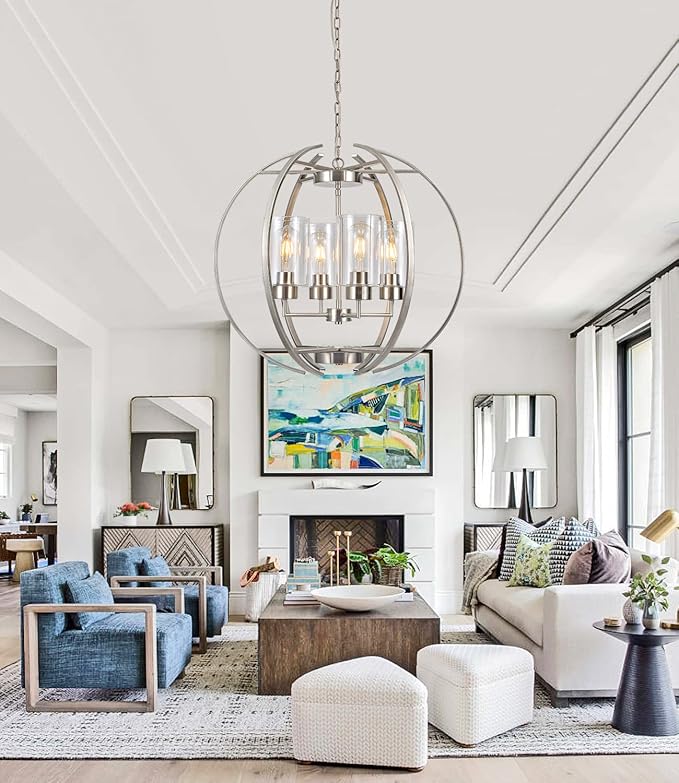 Brushed Nickel Chandelier Globe 24" Dining Room Lighting Fixtures Ceiling Hanging Pendant Lighting with Clear Glass Shades Modern Farmhouse Chandeliers for Foyer Bedroom Kitchen Living E26