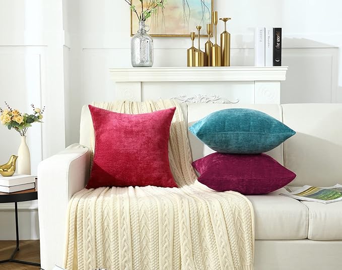 Jeneoo Fuschia Pink Decorative Throw Pillow Covers Soft Chenille Comfy Solid Couch Cushion Cover Decor (Set of 2, 16 x 16 Inches)