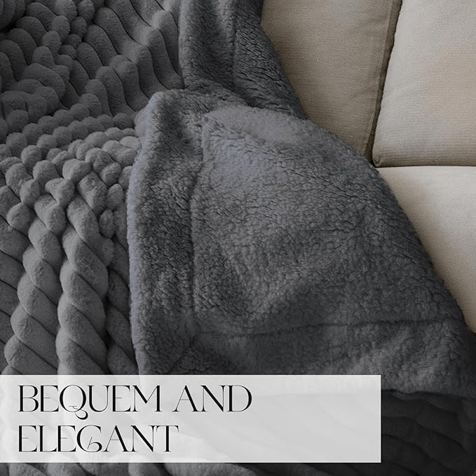 MOSAYT Throw Blanket for Couch or Bed, Super Soft Faux Rabbit Fur, Elegant Ruched Design, Grey Cozy Blanket (60x80 Inch)