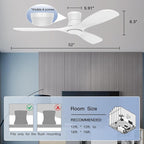 52in Smart Low Profile Ceiling Fans with Lights Remote,Quiet DC Motor,Outdoor Indoor Flush Mount Ceiling Fan,Control with WIFI Alexa App,Dimmable,6-speed,3 White Wood blades,for Modern Bedroom Patio
