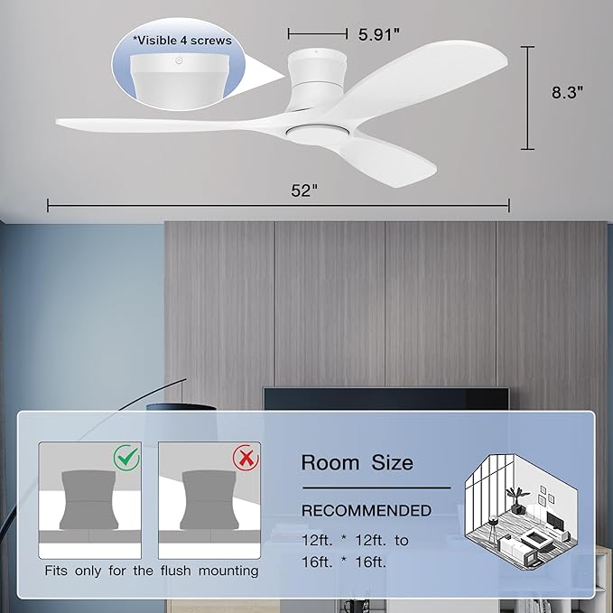 52in Smart Low Profile Ceiling Fans with Lights Remote,Quiet DC Motor,Outdoor Indoor Flush Mount Ceiling Fan,Control with WIFI Alexa App,Dimmable,6-speed,3 White Wood blades,for Modern Bedroom Patio