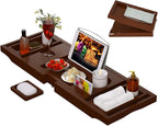 Bathtub Caddy Tray for Tub, Foldable Bamboo Bath Table Tray with Book and Wine Glass Holder, Expandable Bathroom Accessories with Free Soap Dish Suitable for Luxury Spa or Reading, Brown