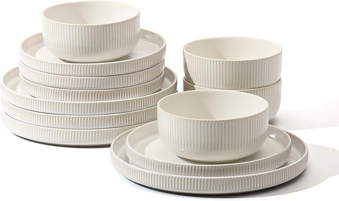 Frewinky Ceramic Dinnerware Sets for 4, Round Reactive Glaze Porcelain Plates and Bowls Sets, Scratch Resistant Modern Dishes Set, Dishwasher & Microwave Safe, Service for 4-White