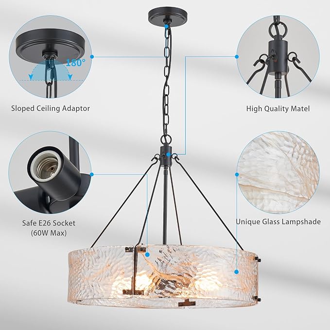 XINGQI Black Glass Chandeliers Modern 4-Light Farmhouse Pendant Lighting Fixtures Elegant Round Chandeliers for Dining Room Kitchen Island Living Room Entryway