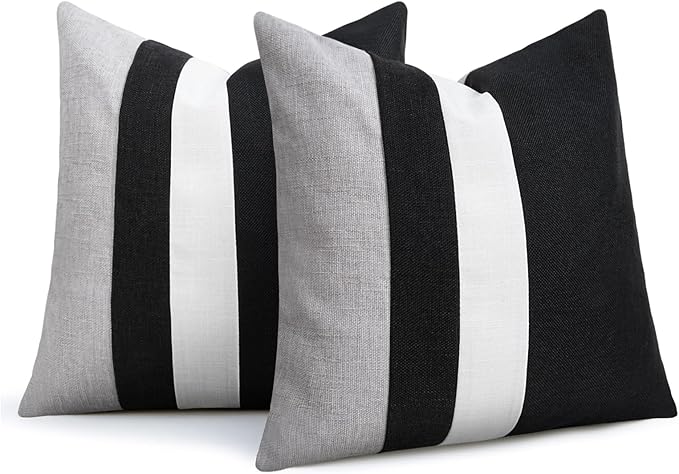 Adabana Set of 2 Linen Pillow Covers Decor Square Patchwork Throw Pillow Covers 18x18 Inch Farmhouse Cushion Covers Decorative Couch Bedroom Sofa Living Room,Black
