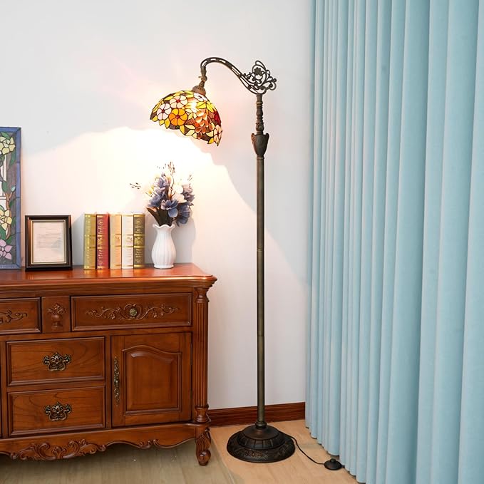 Tiffany Floor Lamp 12 Inch Stained Glass Lamp Purple Retro Handcrafted Adjustable Reading Lamp Suitable For Bedside Bedroom Living Room Office Tiffany Style Antique Home Decoration Art (Grape Flower)