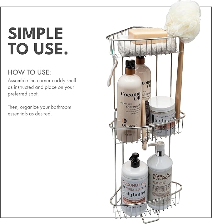 ToiletTree Products Stainless Steel Floor Shower Caddy - Corner Caddy Shelf for Bathroom and Bath Storage - Rust-Proof Caddy for Shampoo, Soap, and More