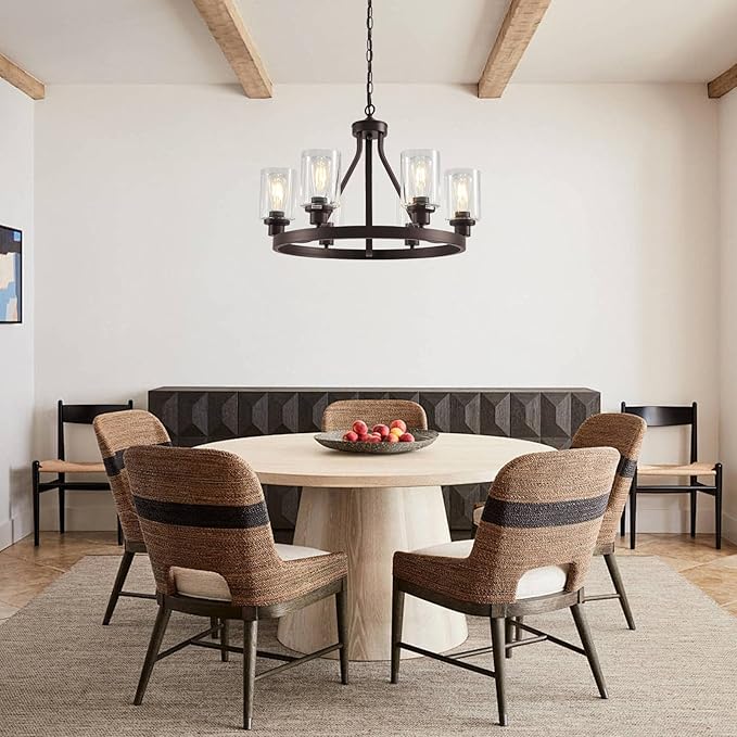 6-Light Farmhose Chandelier for Dining Room Light Fixture Oil Rubbed Bronze Kitchen Pendant Light Round Rustic Ceiling Hanging Lighting with Glass Globes Adjustable Height Metal E26