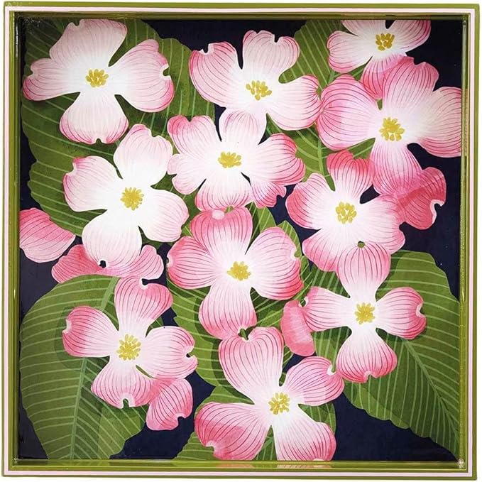 rockflowerpaper Pink Dogwood 15inch Square Lacquered Wooden Serving Tray with Handles, Coffee Table Ottoman Tray for Dining. for Food, Drinks, Cocktail, Great for Parties, Entertaining & Gift