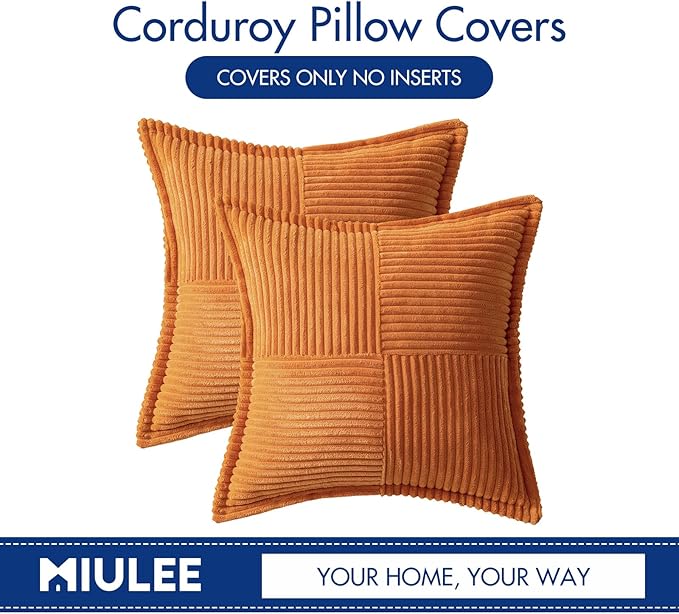 MIULEE Burnt Orange Fall Decorative Throw Pillow Covers for Couch Bed Livingroom 20x20 Inch Set of 2 Boho Accent Throw Pllows Broadside Striped Patchwork Soft Corduroy Pillowcases