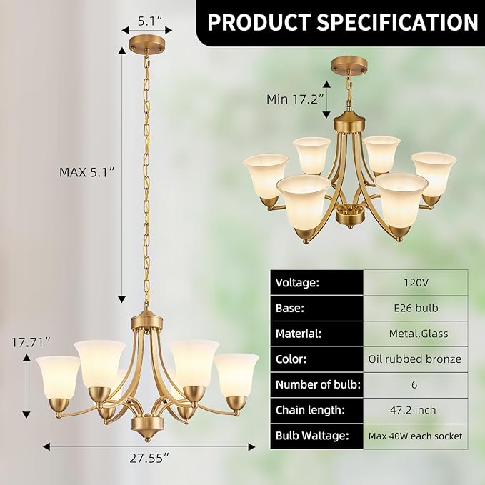 6-Light Gold Chandeliers for Dining Room with Frosted Glass Modern 47.2'' Ceiling Hanging Light Fixtures Classic Farmhouse Pendant Lighting for Kitchen Island, Dining Table, Adjustable Height