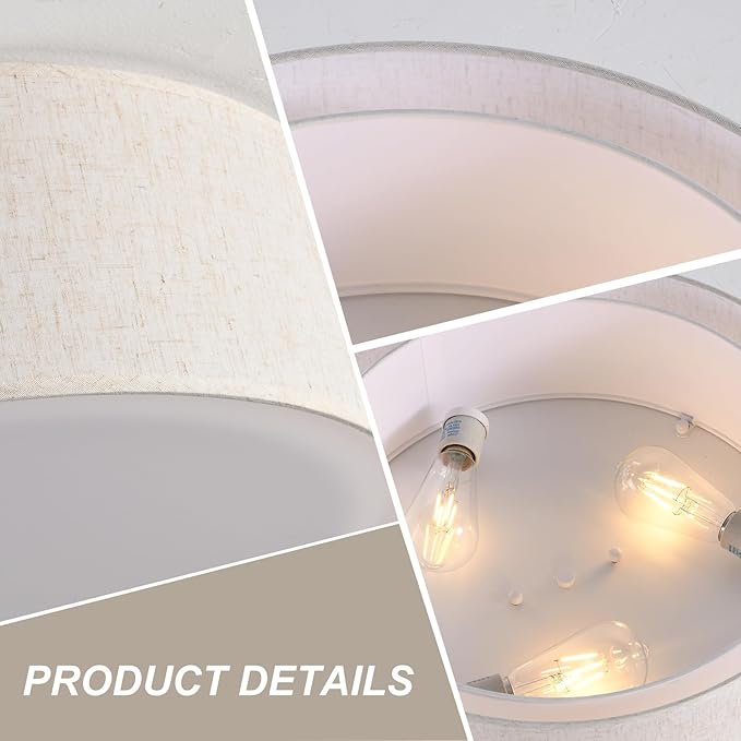 18'' Flush Mount Ceiling Light Modern Farmhouse Drum Ceiling Light Fixture with Linen Fabric Shade 3-Light Drum Ceiling Lighting Round Semi Flush Lighting for Bedroom Hallway Living Room Kitchen