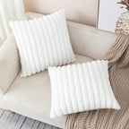 ZLINA Set of 2 Cream White Faux Fur Decorative Throw Pillow Covers Fluffy Striped Pillowcase Cushion Covers 22 x 22 Inch Decor Sofa Couch Bedroom
