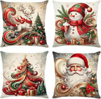 Christmas Throw Pillow Covers 18x18 Set of 4 Winter Holiday Decorative Pillowcase Reindeer Snowman Christmas Tree Santa Farmhouse Home Decor for Sofa Couch Cushion