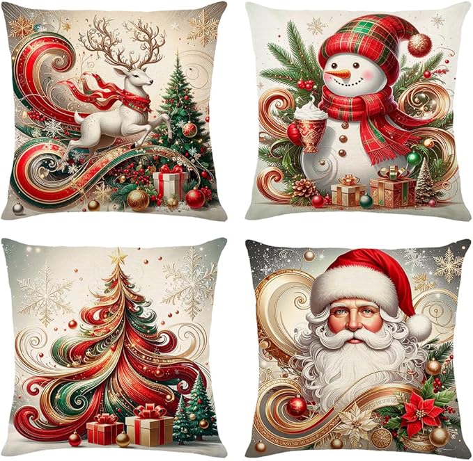 Christmas Throw Pillow Covers 16x16 Set of 4 Winter Holiday Decorative Pillowcase Reindeer Snowman Christmas Tree Santa Farmhouse Home Decor for Sofa Couch Cushion