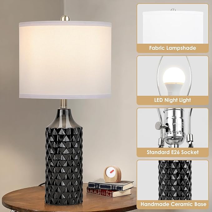 Ceramic Table Lamps Set of 2, Modern Bedside Lamp 25" Nightstand Lamp 3-Way Dimmable Lamp for Bedroom Living Room End Table Lamp Farmhouse Lamp Side Table Lamp, Bulbs Included (25 inch, Black)
