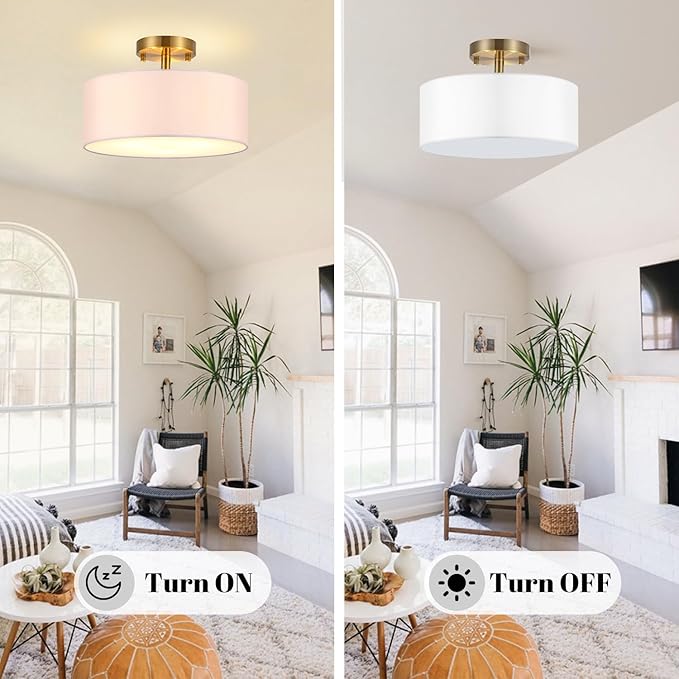 15 Inch Drum Light, Semi-Flush Mount Ceiling Light Fixture White Fabric Drum Shade and Gold Plating Finish,Ceiling lamp for Bedroom, Dining Room, Corridor, Living Room