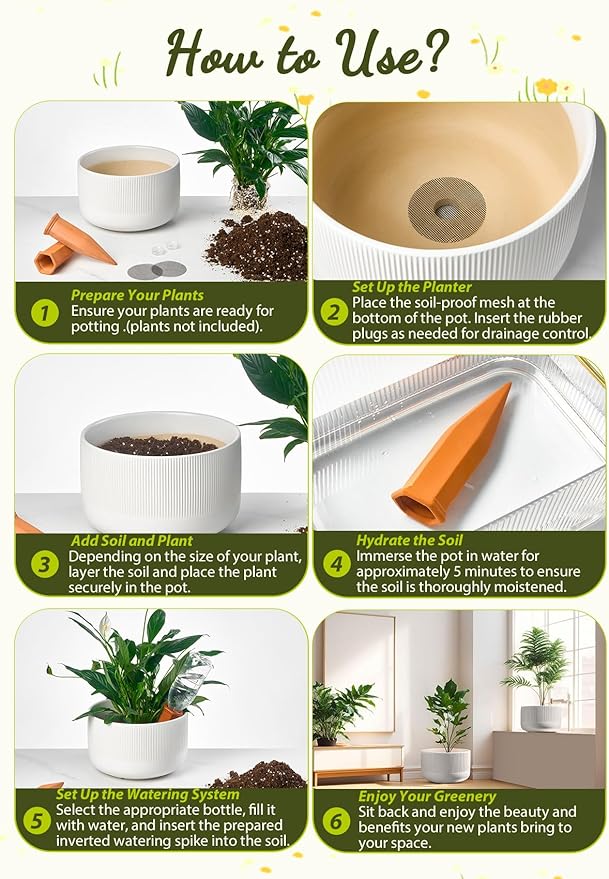 Ceramic Planters - 10+12 Inch Large Pots for Indoor & Outdoor Plants, Modern Flower Pots with Drainage Holes and Self Watering Devices, House White Big Plant Pot, Set of 2