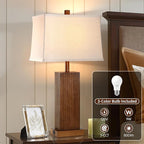 27.5" Wood Table Lamp, Modern Farmhouse Bedroom Lamp for Nightstand with USB Charging Port, Natural Wooden Base Table Lamp for Living Room Bedroom, Bulb Included (Walnut Wood)