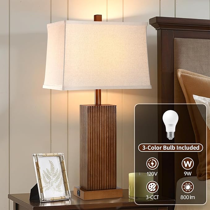 27.5" Wood Table Lamp, Modern Farmhouse Bedroom Lamp for Nightstand with USB Charging Port, Natural Wooden Base Table Lamp for Living Room Bedroom, Bulb Included (Walnut Wood)