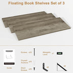 Fun Memories Extra Long Floating Wall Shelves, 48 x 8 Inches, Set of 3 Large Wood Floating Bookshelves with Metal Brackets for Storage & Display (Grey)
