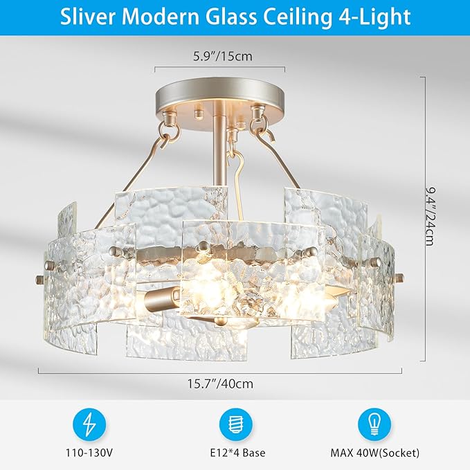 XINGQI Drum Ceiling Lights for Dining Room 4-Light Modern Farmhouse Water Ripple Glass Sliver Ceiling Lighting Fixture 15.7" Bedroom Living Room Hallway Entryway